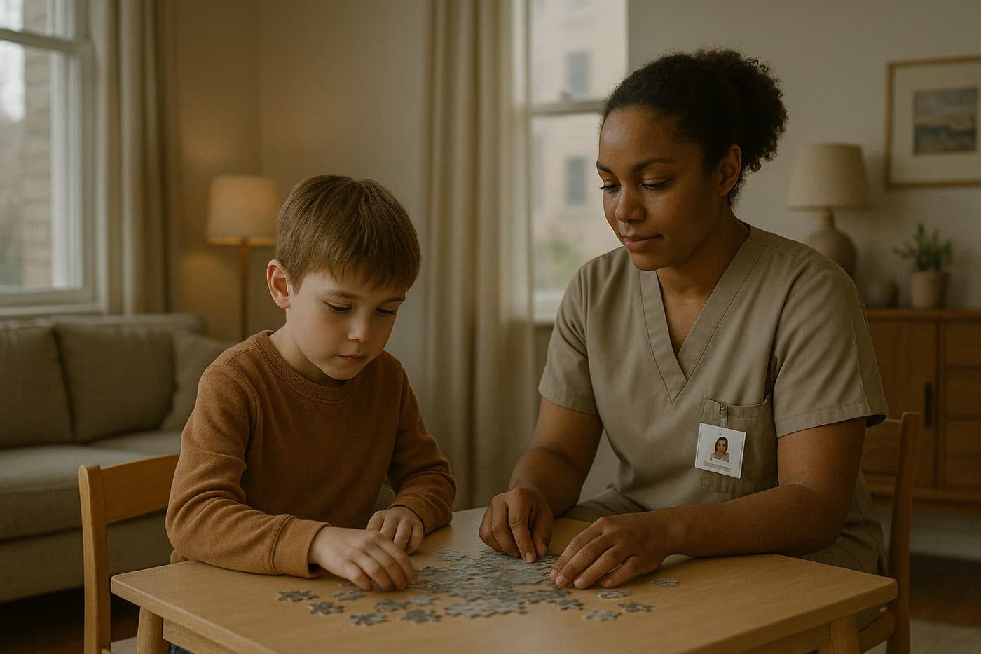 A young boy and a carer sitting at a table, doing a jigsaw puzzle together