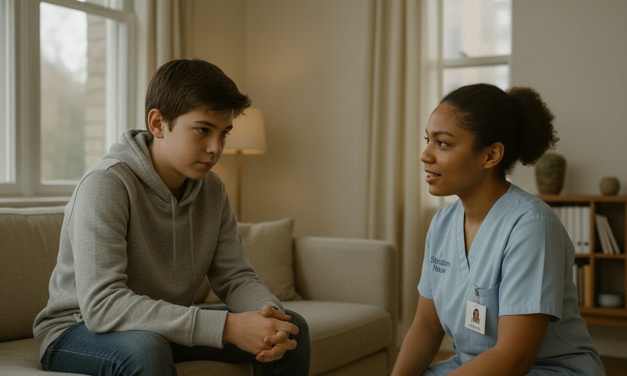 A teenager sitting on a sofa in conversation with a carer in a calm living room