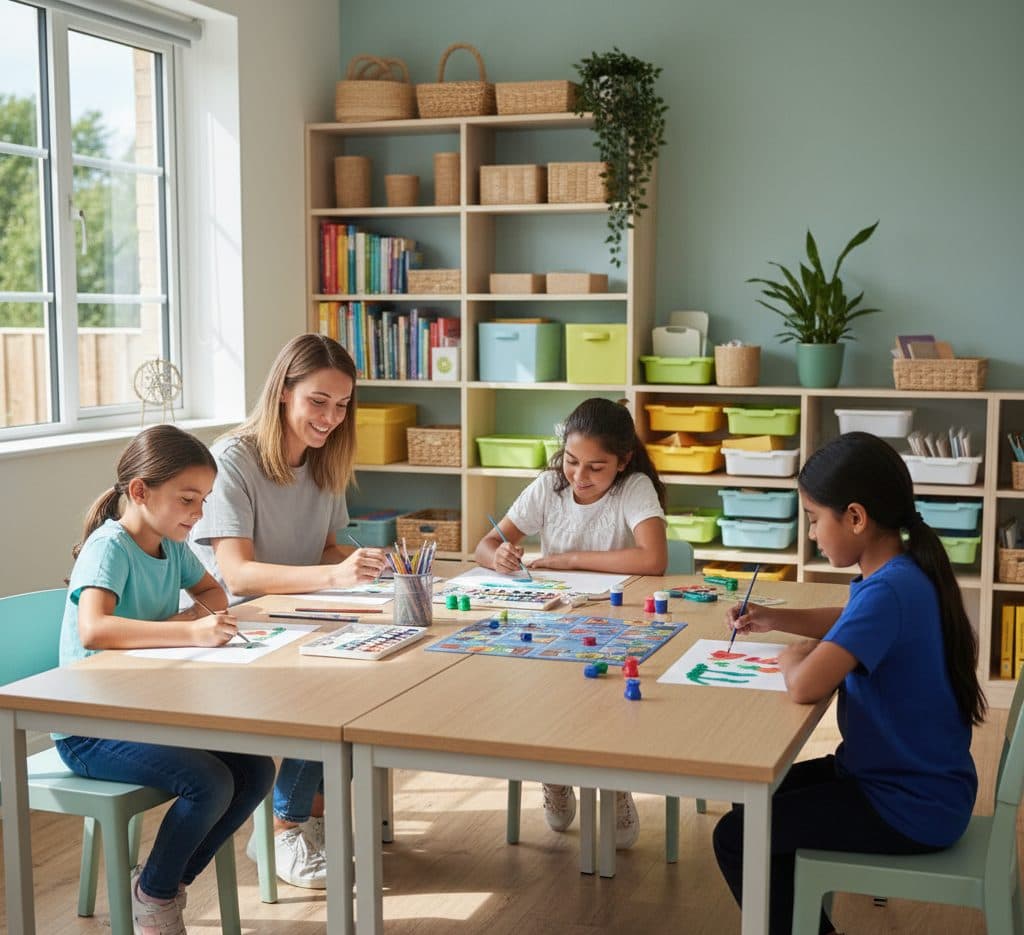 An adult and three children painting and playing a board game around a table in a bright playroom
